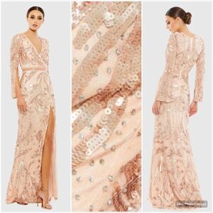 Mac Duggal 5222 Womens SEQUINED FAUX WRAP SPLIT LONG SLEEVE GOWN